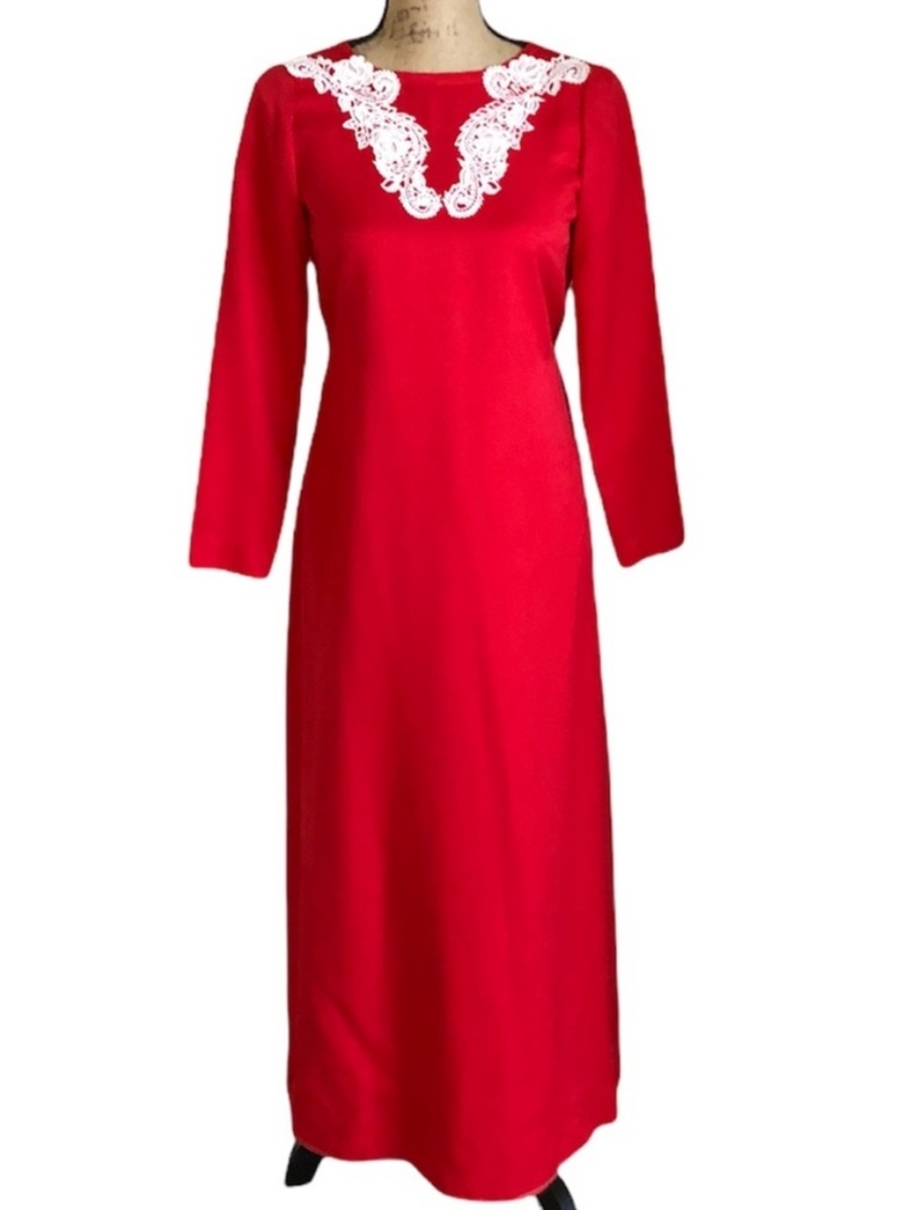 Handmade Red Maxi Dress Lace Appliqué Long Sleeve XXS–XS - Picture 2 of 16